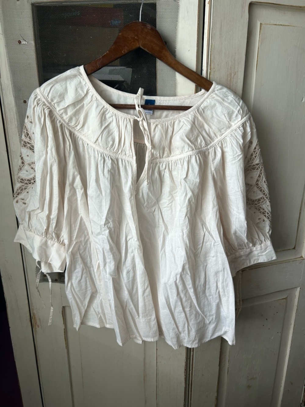 Old Navy Cream Boho Peasant Blouse with Lace Sleeves